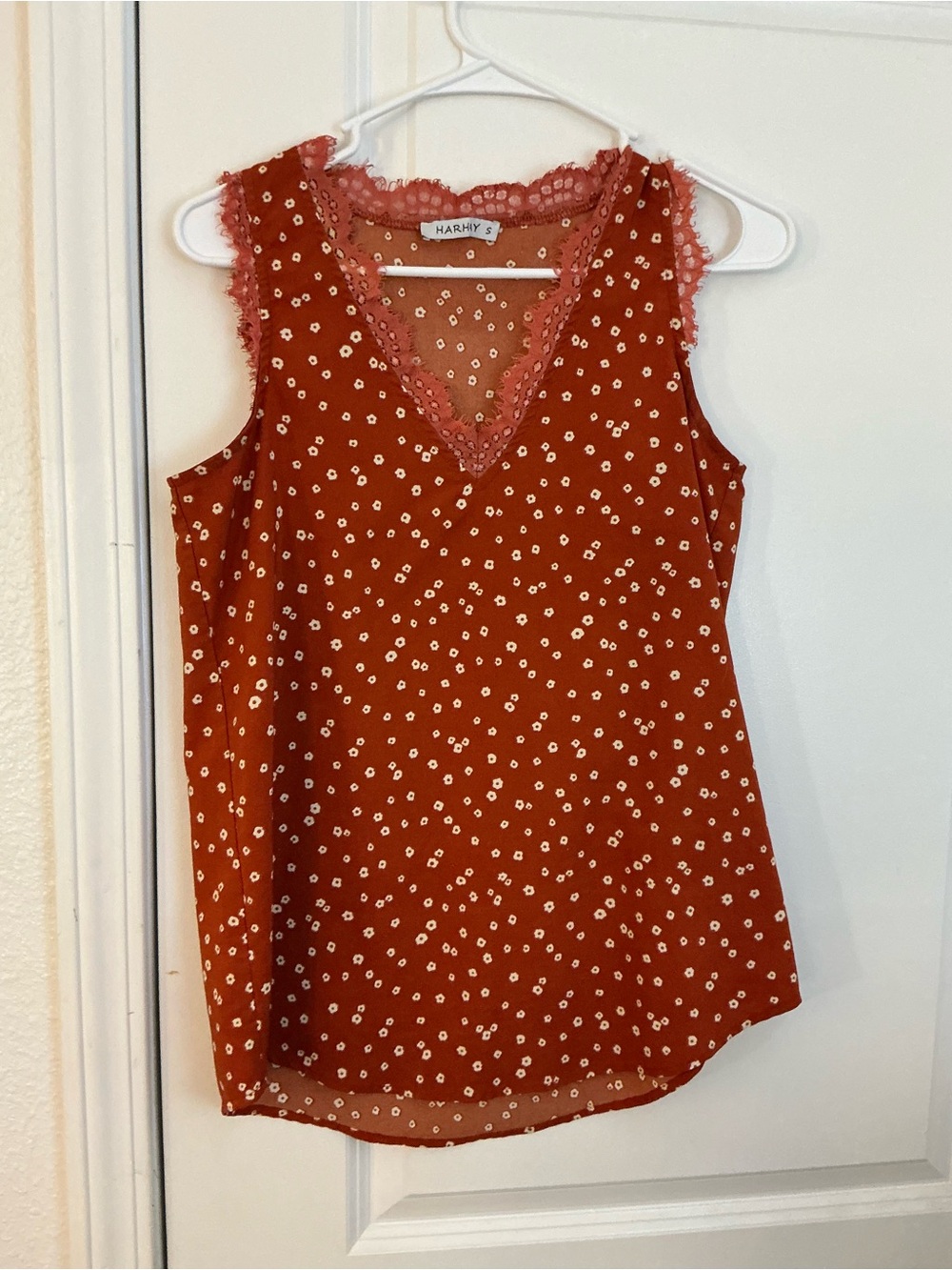 HARHAY Rust Orange Ditsy Floral Lace Trim Sleeveless Tank Blouse Size S